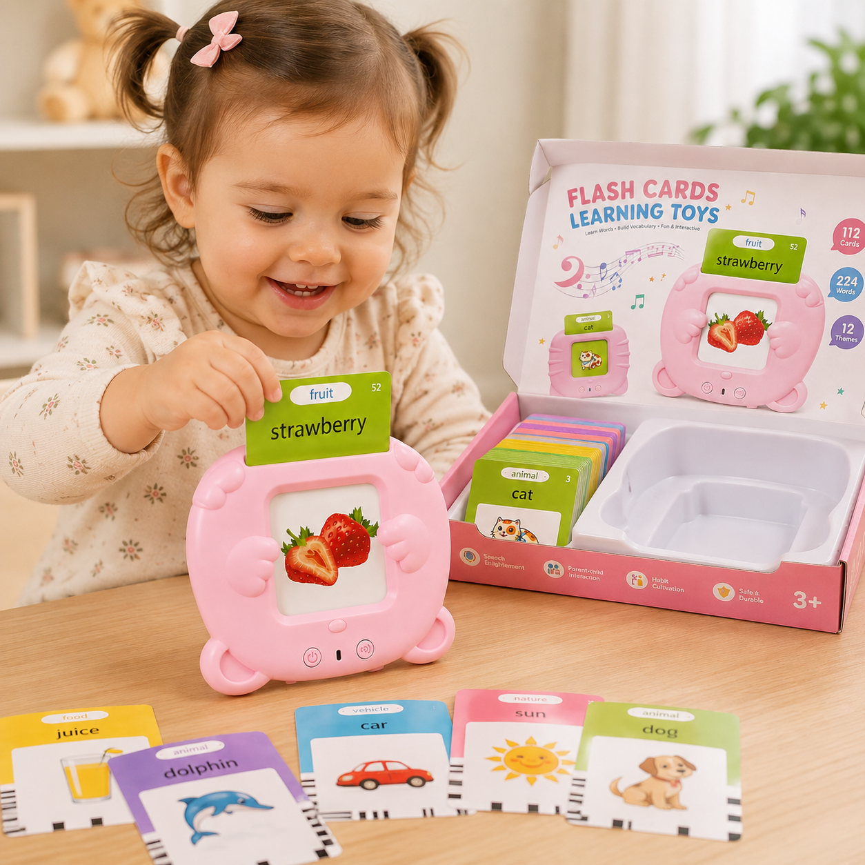 Toddler inserting a strawberry flashcard into her pink Talkaroo reader beside the open box of cards